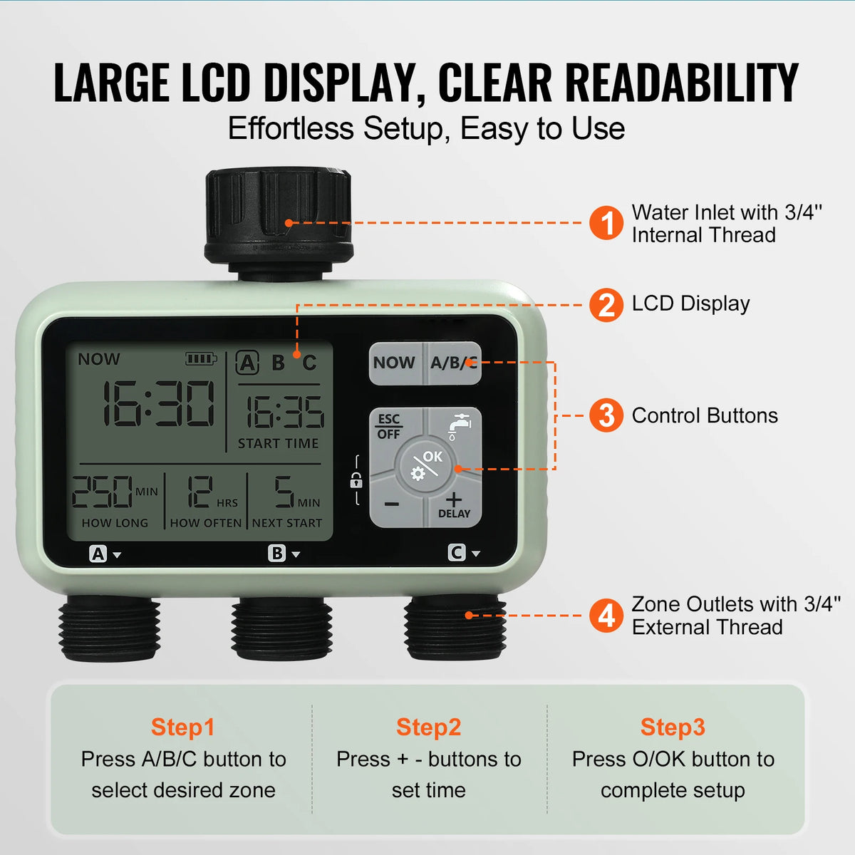SucceBuy 3 Outlet Water Timer With LCD Display For Sprinklers