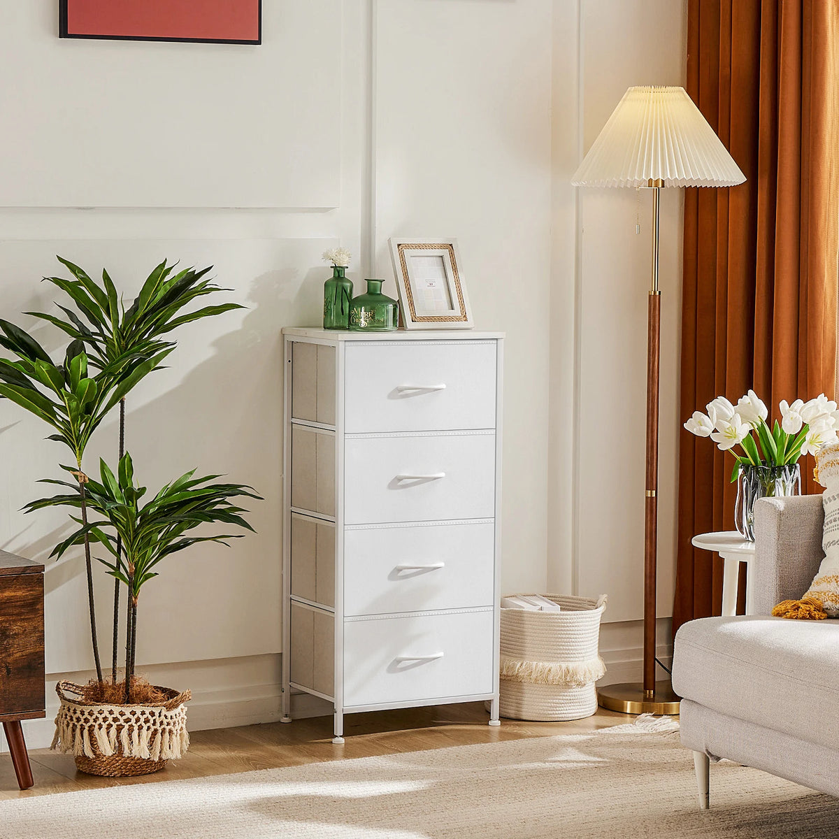JHK Four Drawer Fabric Dresser Steel Frame Nightstand Storage