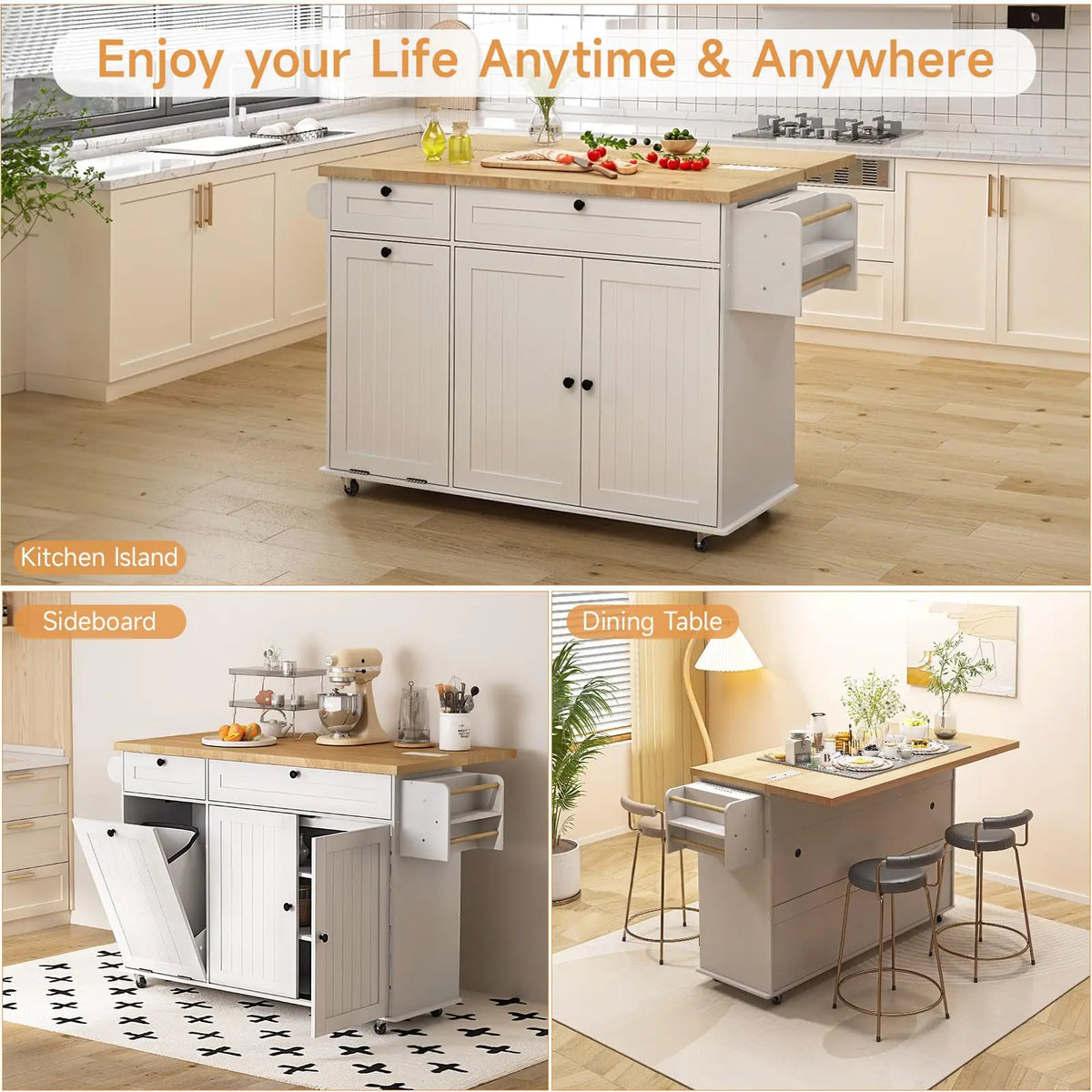 Onbrill Rolling Kitchen Island Cart With Power Outlet Spice Rack