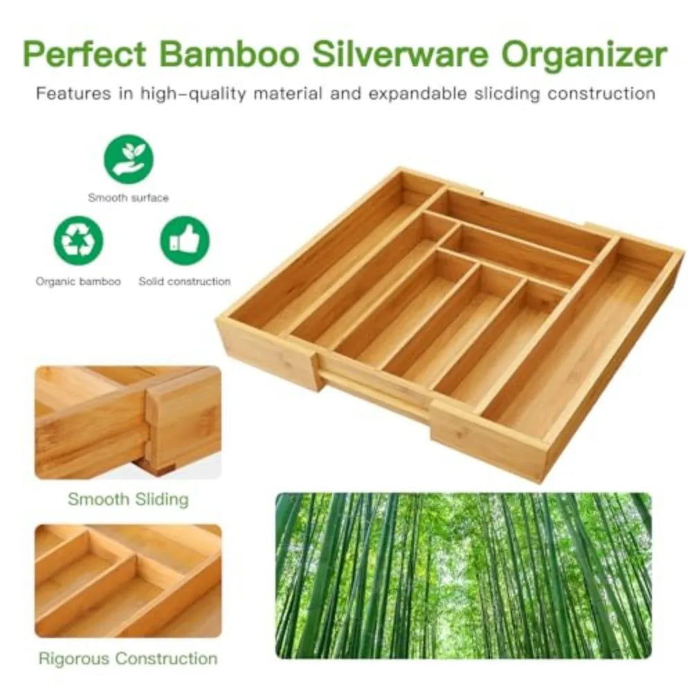 Adjustable Bamboo Silverware Drawer Organizer For Cutlery