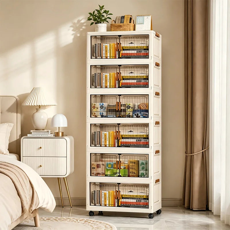Stackable Foldable Plastic Storage Cabinet With Magnetic Doors And Wheels