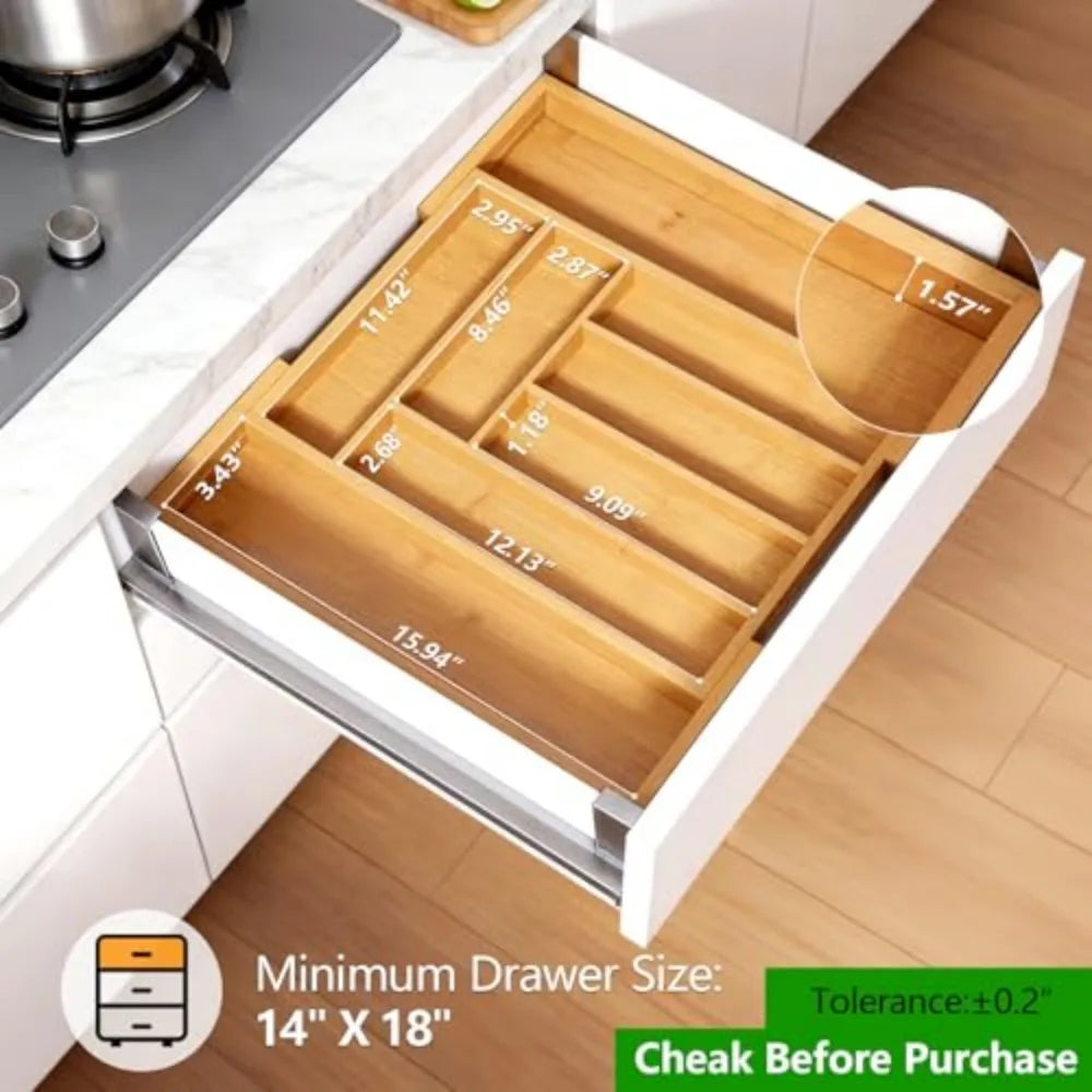 Adjustable Bamboo Silverware Drawer Organizer For Cutlery