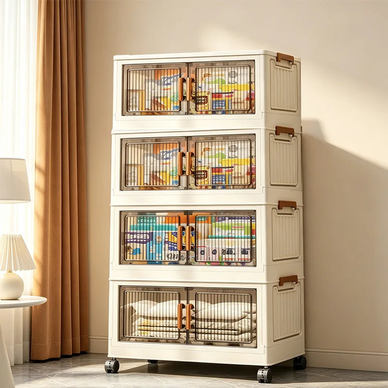 Stackable Foldable Plastic Storage Cabinet With Magnetic Doors And Wheels