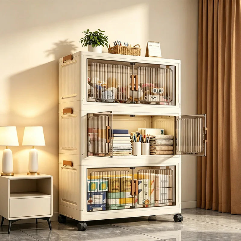 Stackable Foldable Plastic Storage Cabinet With Magnetic Doors And Wheels
