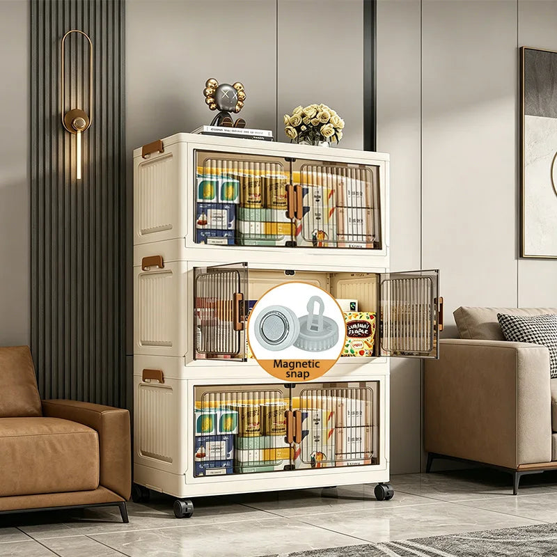 Stackable Foldable Plastic Storage Cabinet With Magnetic Doors And Wheels