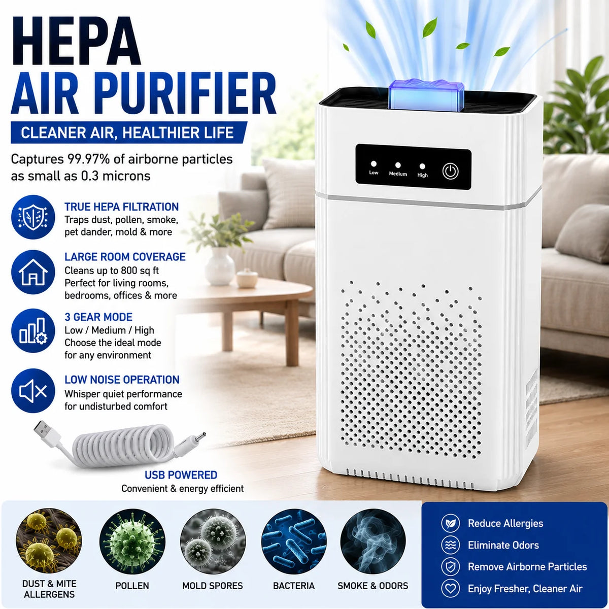 HEPA Air Purifier For Home Large Room Dust Smoke Odor Cleaner