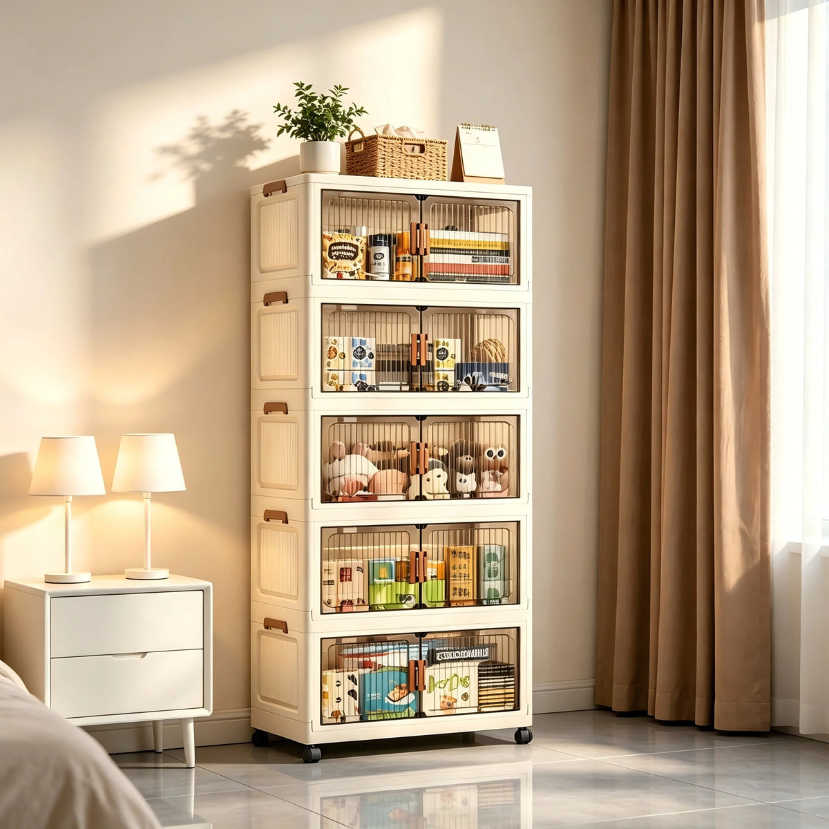 Stackable Foldable Plastic Storage Cabinet With Magnetic Doors And Wheels