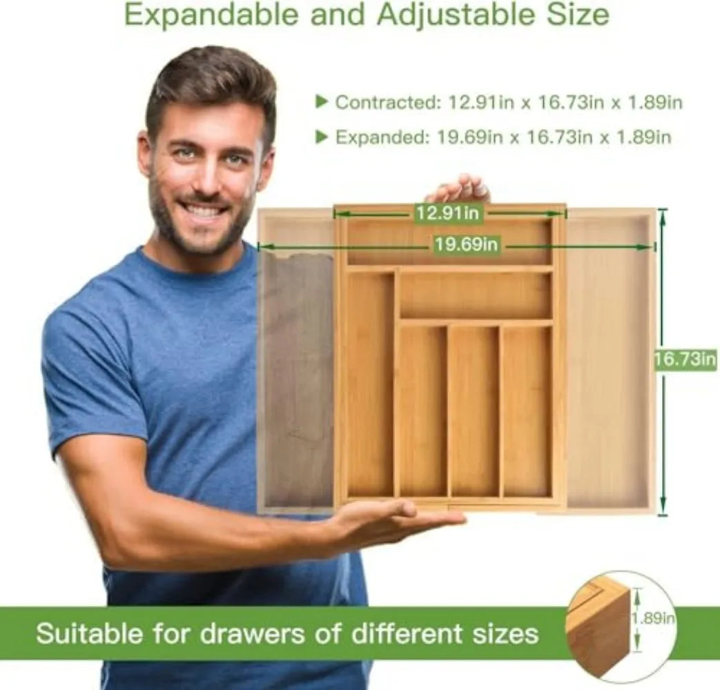 Adjustable Bamboo Silverware Drawer Organizer For Cutlery