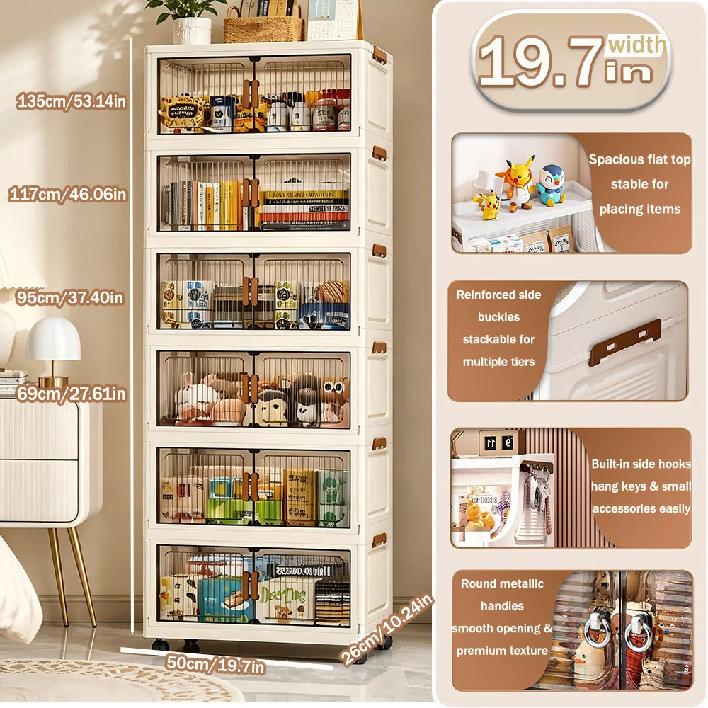 Stackable Foldable Plastic Storage Cabinet With Magnetic Doors And Wheels