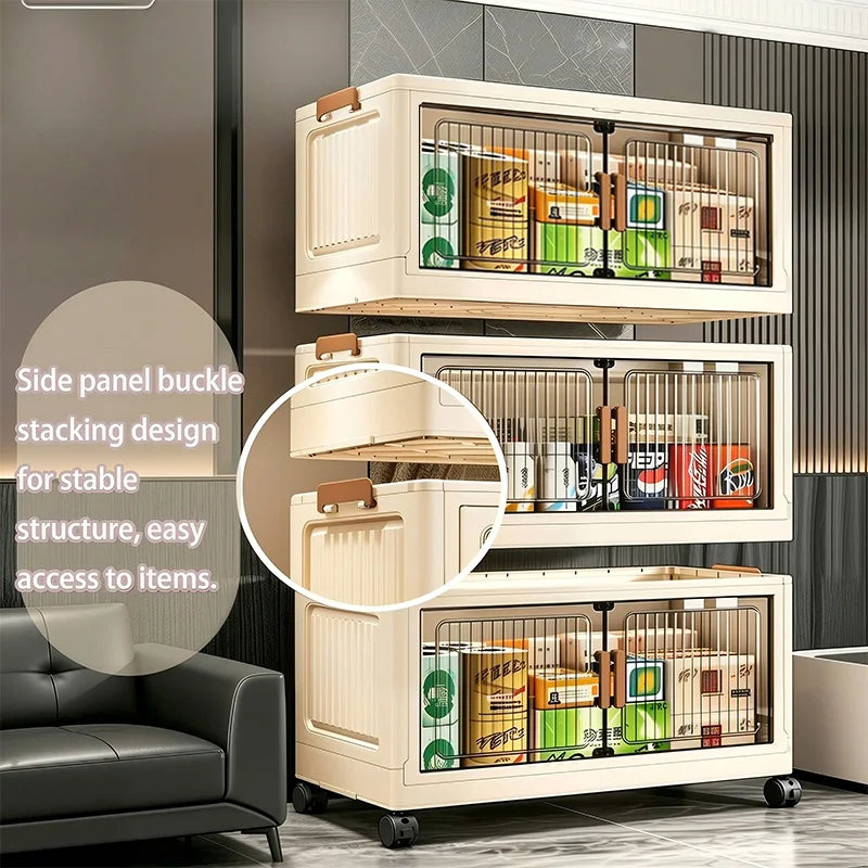 Stackable Foldable Plastic Storage Cabinet With Magnetic Doors And Wheels
