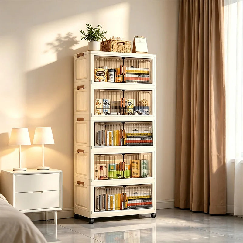 Stackable Foldable Plastic Storage Cabinet With Magnetic Doors And Wheels