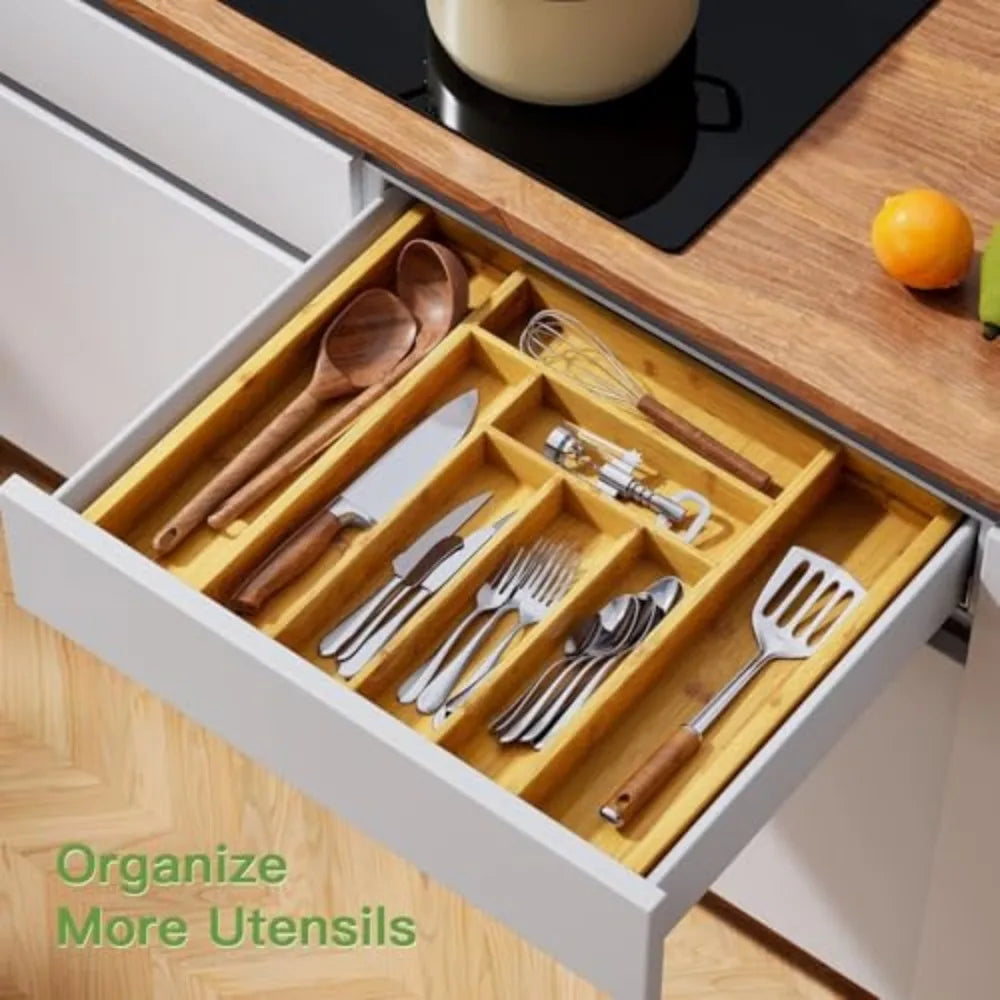 Adjustable Bamboo Silverware Drawer Organizer For Cutlery