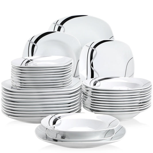 Malacasa Fiona Ceramic Dinnerware Plate Set With Strip Pattern Design