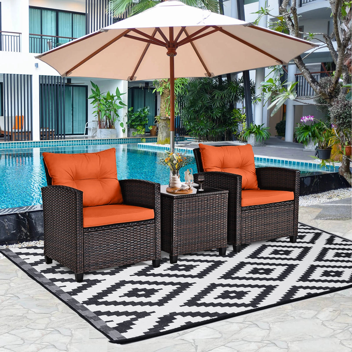 Homasis Outdoor Rattan Cushioned Conversation Sofa Set