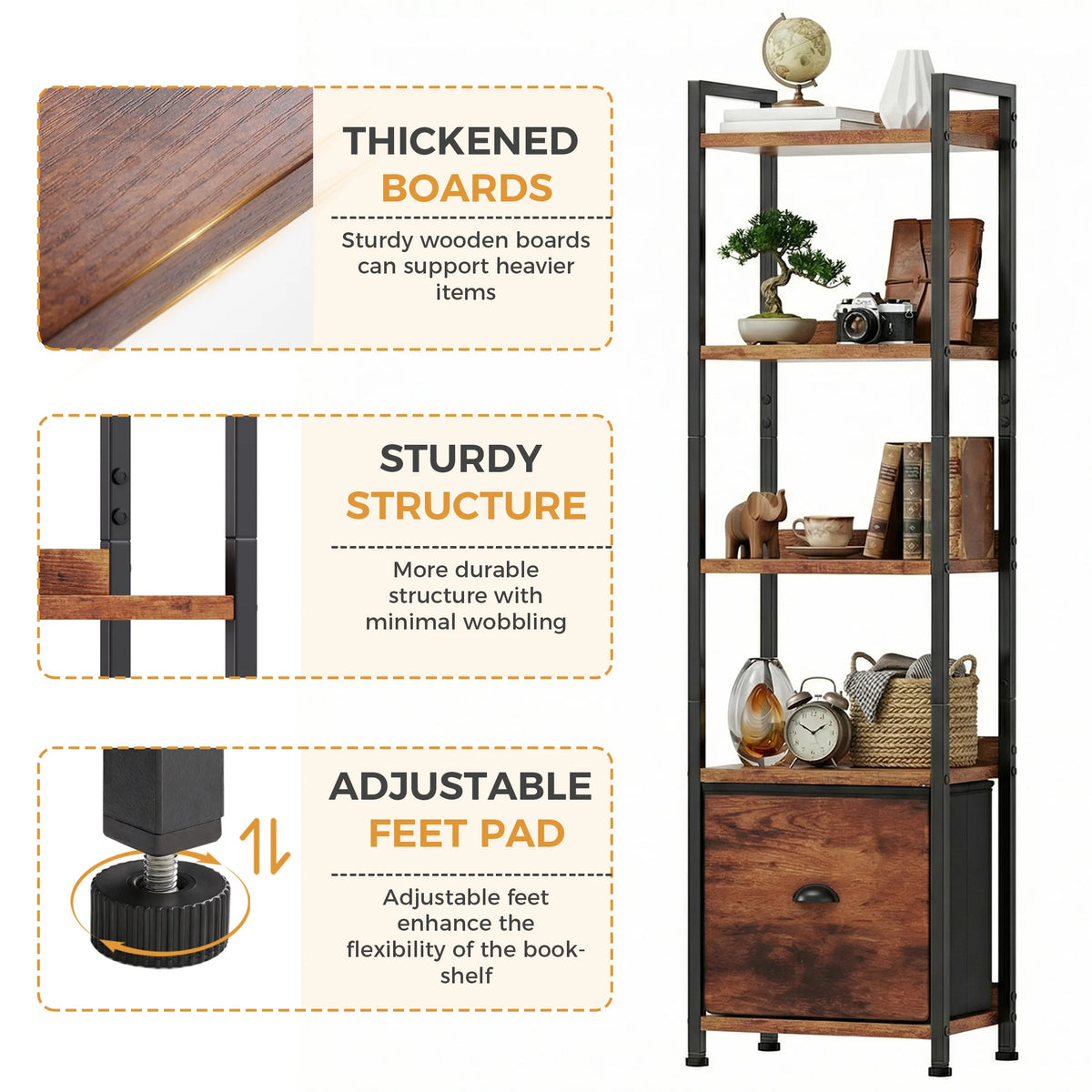 Industrial Metal Bookshelf With Fabric Drawer For Home Storage