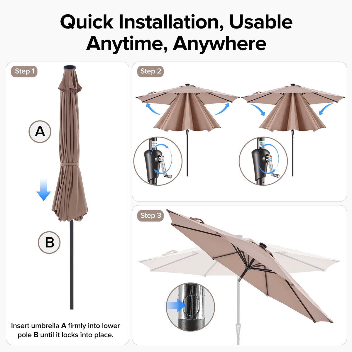 JHK Solar Patio Umbrella With LED Lights And Tilt Crank