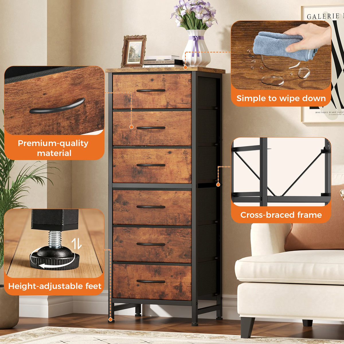 JHK 6 Fabric Drawer Dresser Wood Top Metal Frame Tower