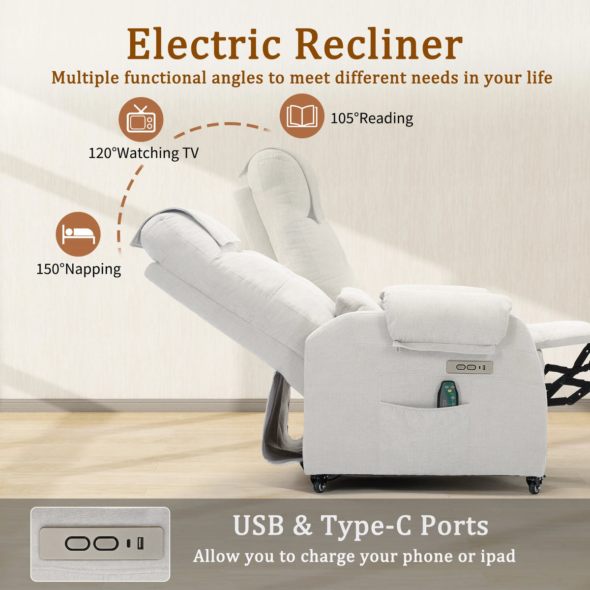KORSER Modern Small Recliner Chair With USB Charging And Wheels