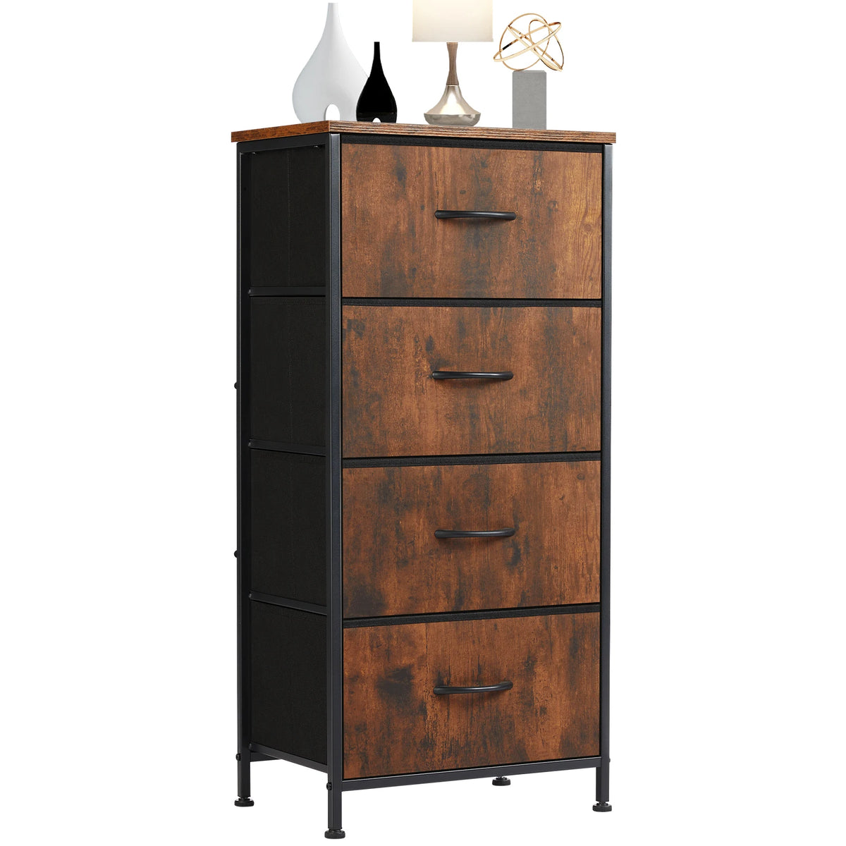 JHK Four Drawer Fabric Dresser Steel Frame Nightstand Storage