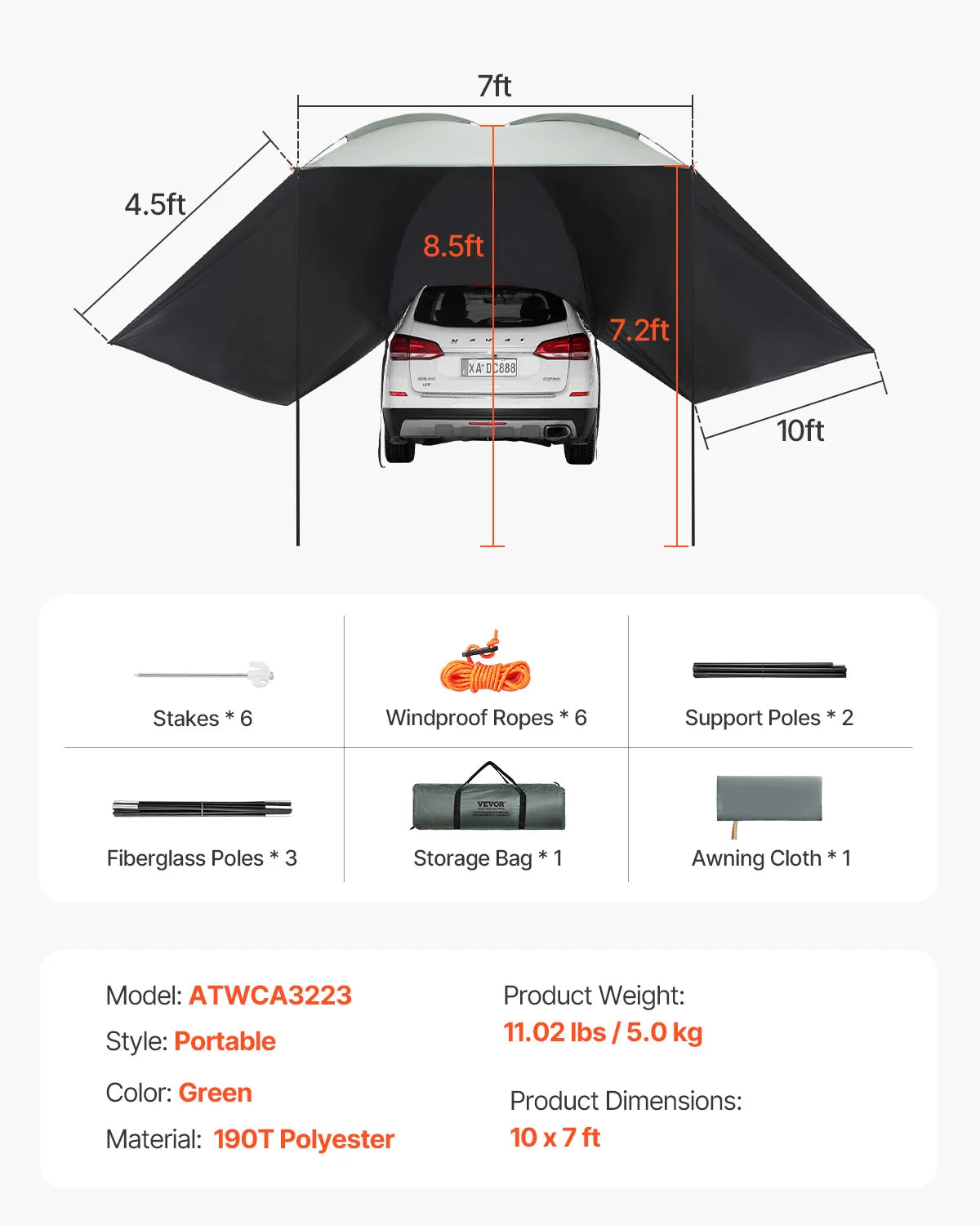 SucceBuy Retractable Vehicle Awning With Waterproof Storage Bag
