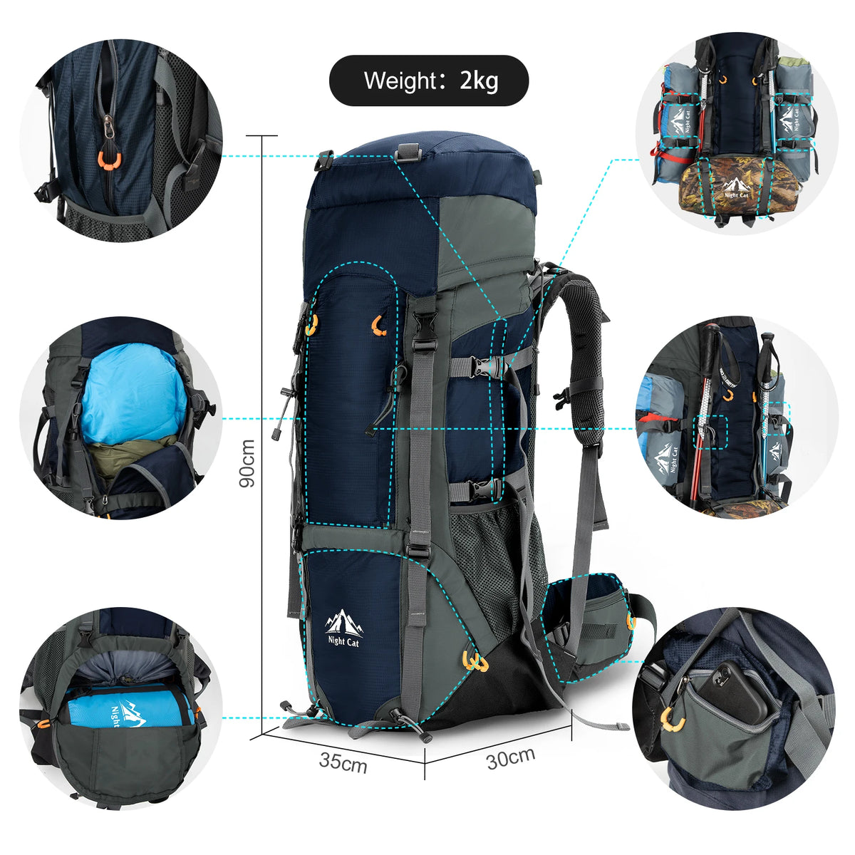 Night Cat Waterproof Internal Frame Hiking Backpack For Outdoor Travel