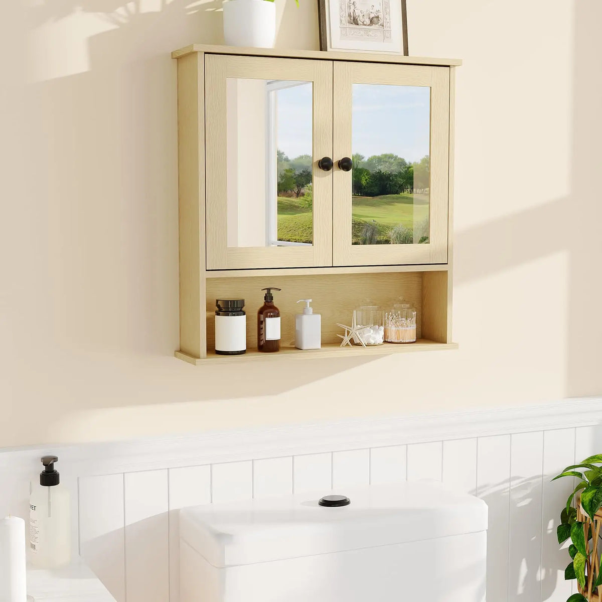HiMISS Wall Mounted Wooden Bathroom Cabinet With Mirrored Doors