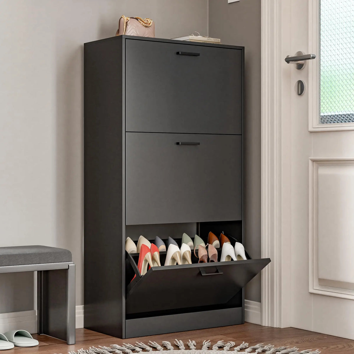 Wooden Freestanding Shoe Cabinet With Flip Drawer Storage