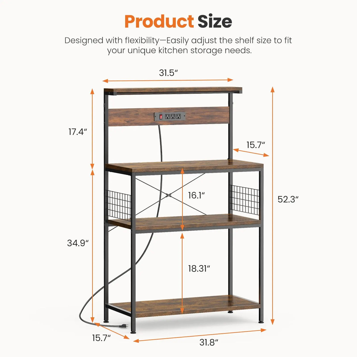 JHK Modern Kitchen Bakers Rack With Power Outlet Shelf