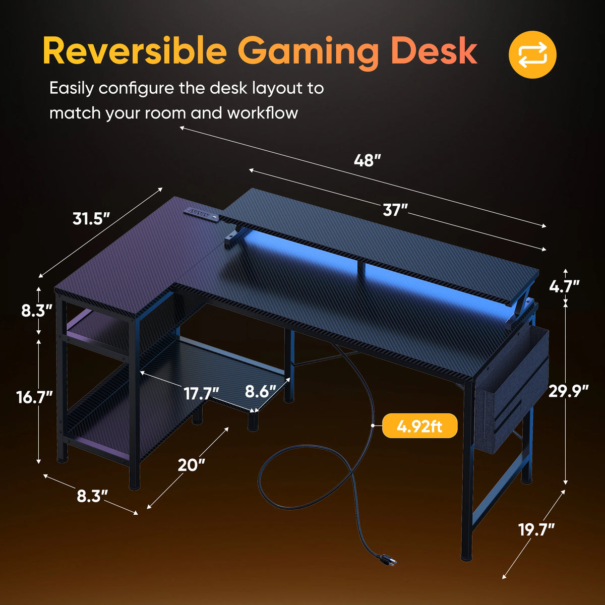 JHK L Shaped Computer Desk With Storage And LED Lights