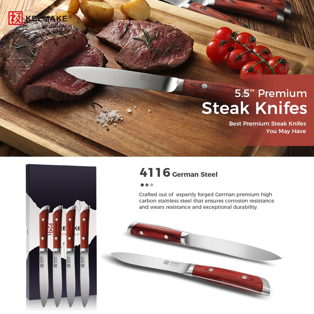 Keemake Four Piece Stainless Steel Steak Knife Set Wood Handle