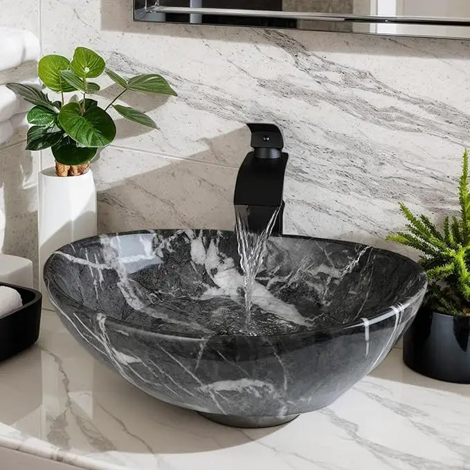 Mekkhalo Oval Vessel Sink With Waterfall Faucet Above Counter Ceramic