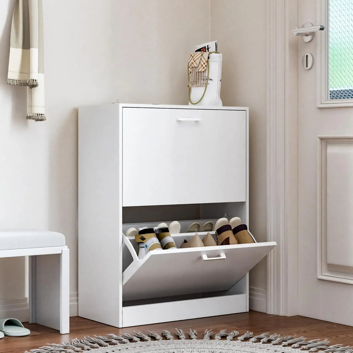 Wooden Freestanding Shoe Cabinet With Flip Drawer Storage