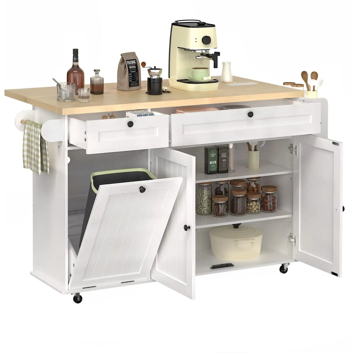 Onbrill Rolling Kitchen Island Cart With Power Outlet Spice Rack