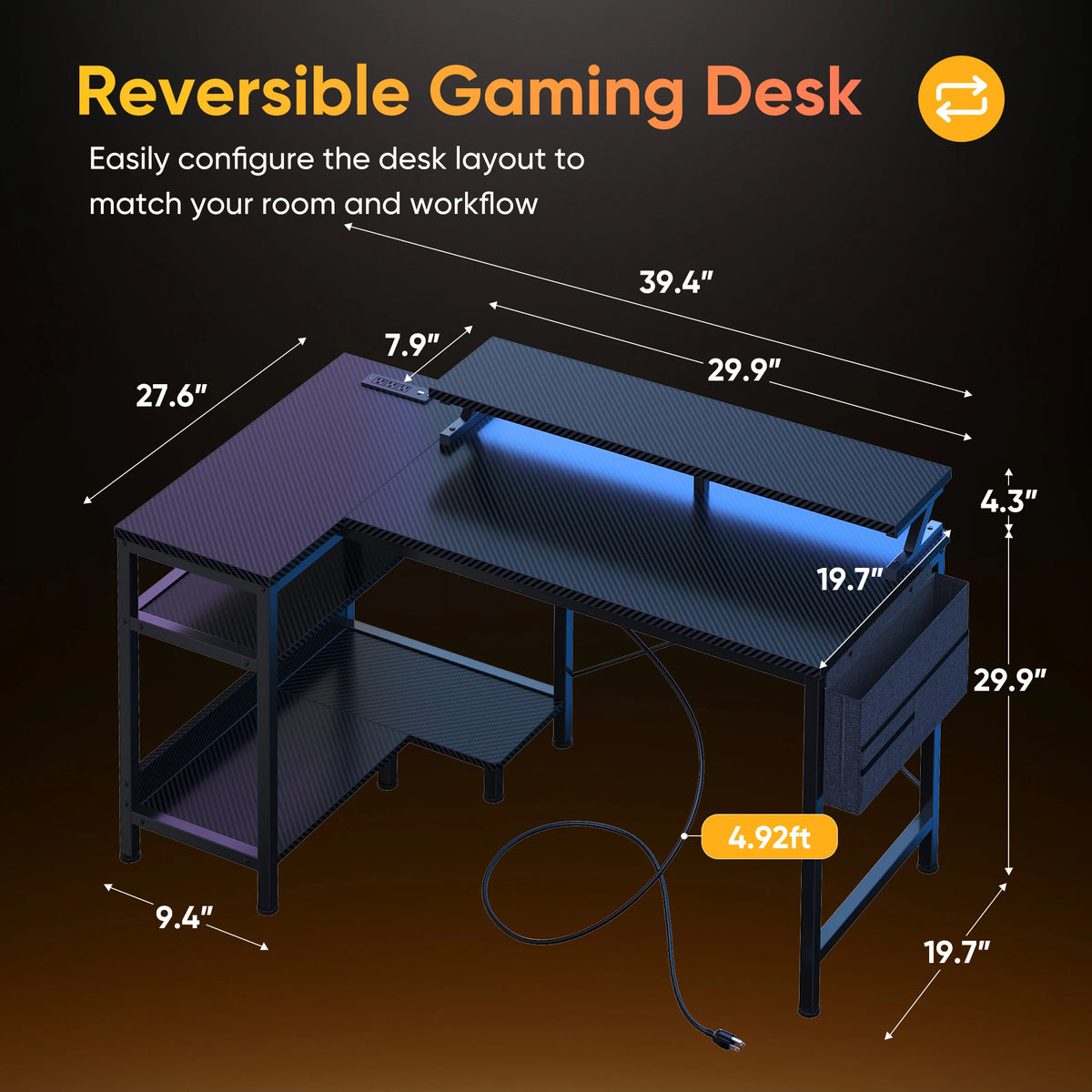 JHK L Shaped Computer Desk With Storage And LED Lights