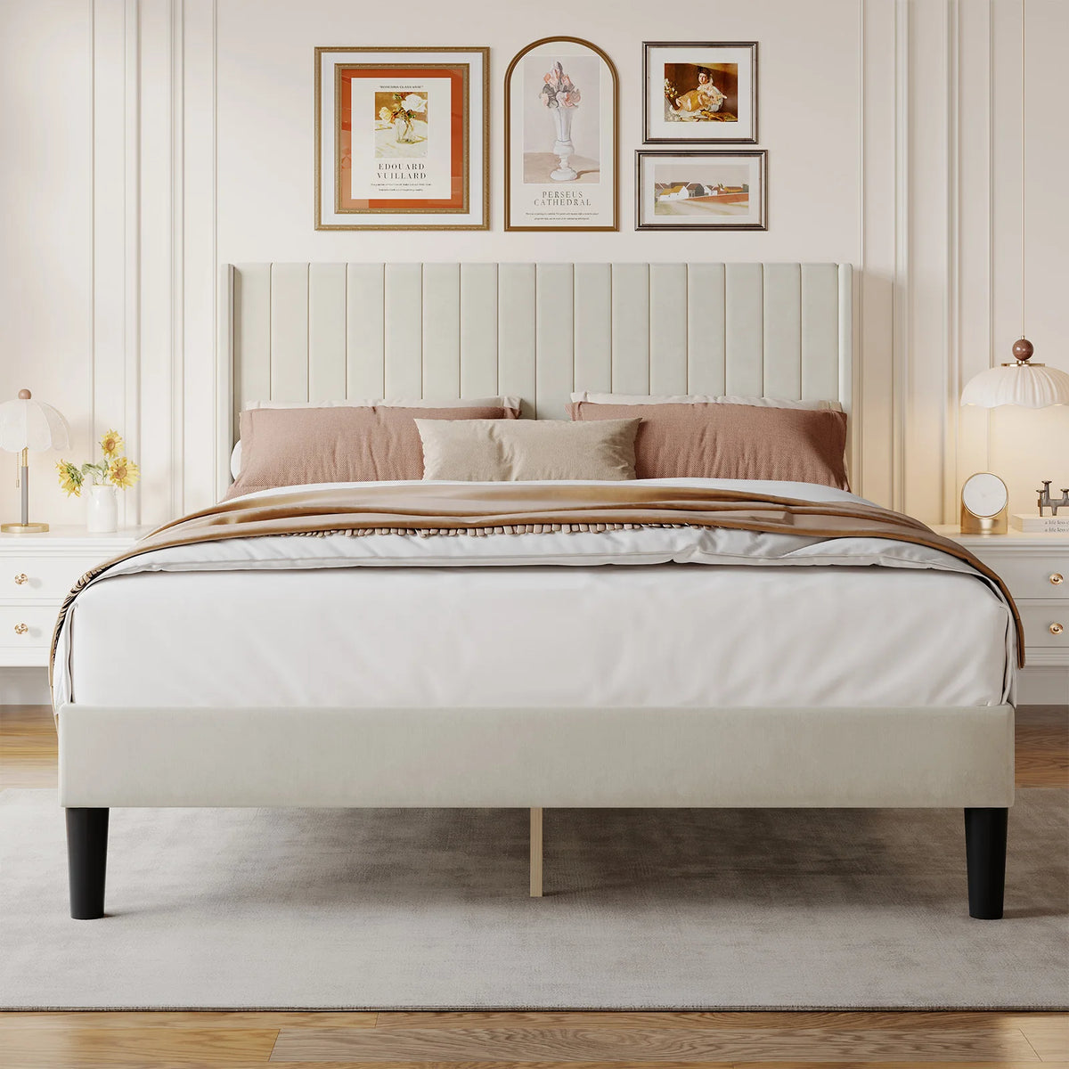 JHK Modern Wingback Platform Bed Frame With Upholstered Headboard Design