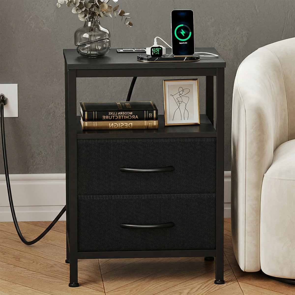 JHK Modern Nightstand With Fabric Drawers USB Charging Port Shelf
