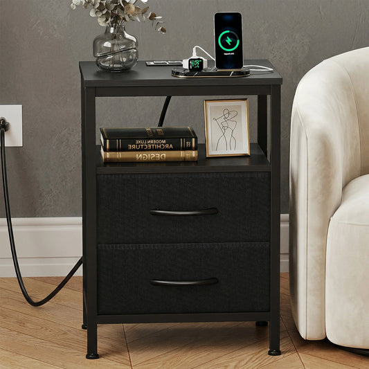 JHK Modern Nightstand With Fabric Drawers USB Charging Port Shelf