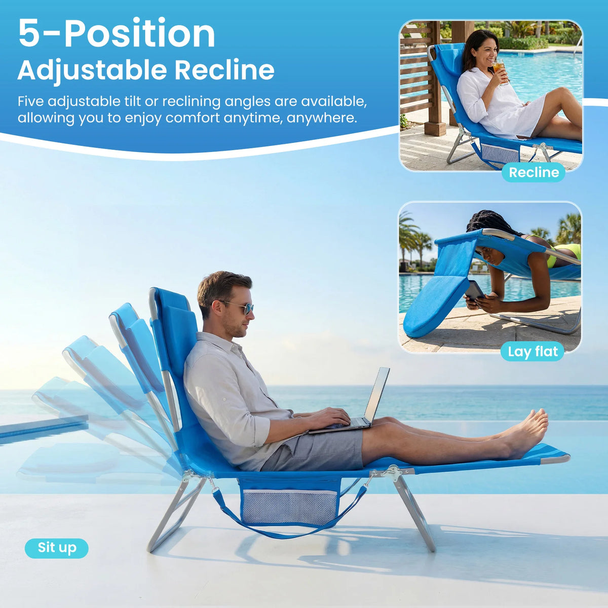 JHK 5-Position Beach Lounger With Face Holes And Handrails
