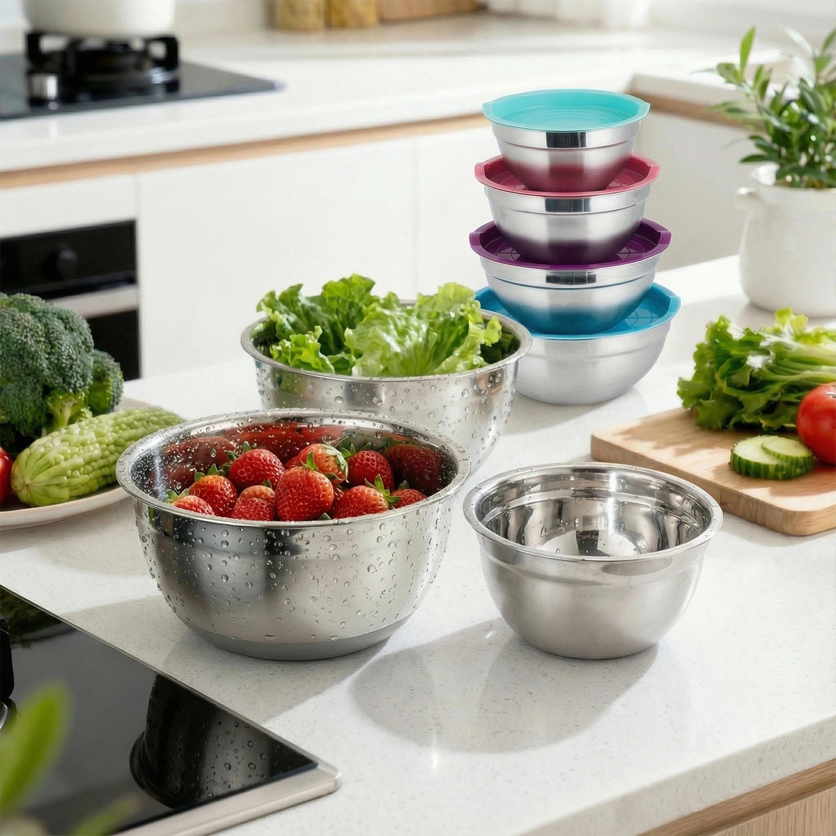 Stainless Steel Mixing Bowls With Airtight Lids For Kitchen Use