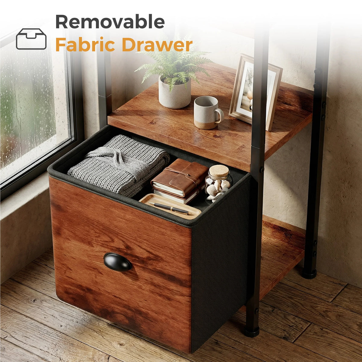 Industrial Metal Bookshelf With Fabric Drawer For Home Storage