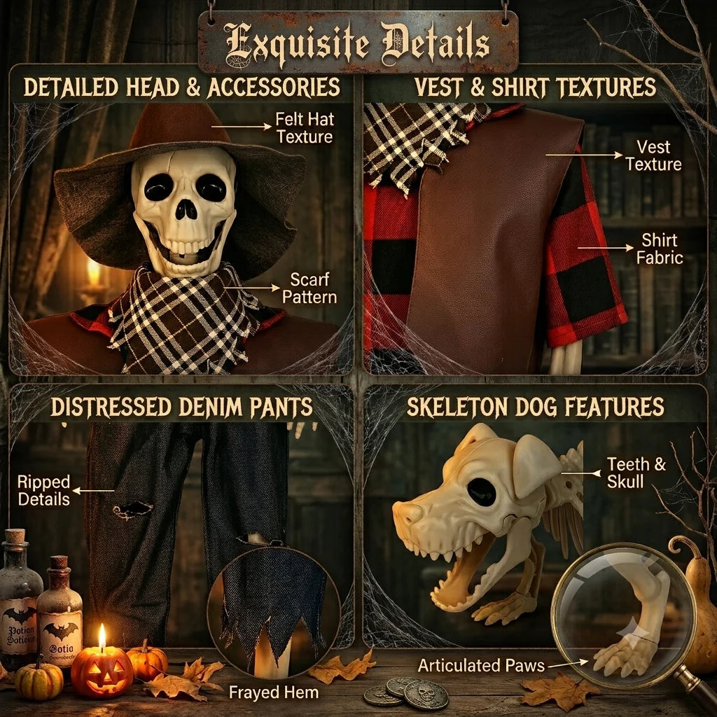 Posable Cowboy Skeleton With Dog Halloween Outdoor Decorations