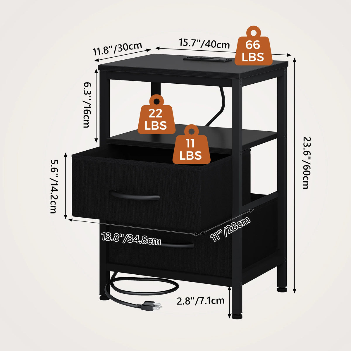 JHK Modern Nightstand With Fabric Drawers USB Charging Port Shelf