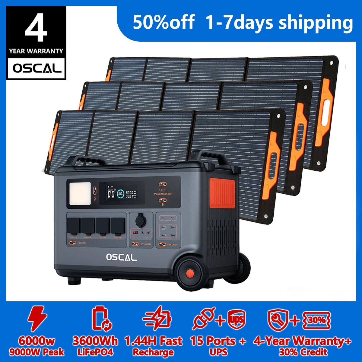 OSCAL PowerMax 6000 Portable Solar Generator With 3600Wh LiFePO4 Battery