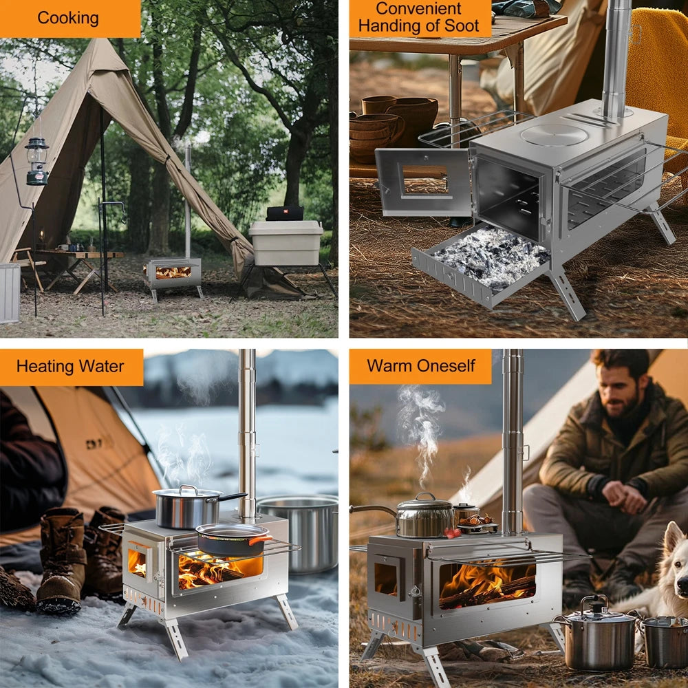 Portable Stainless Steel Wood Burning Camping Stove With Chimney Pipes