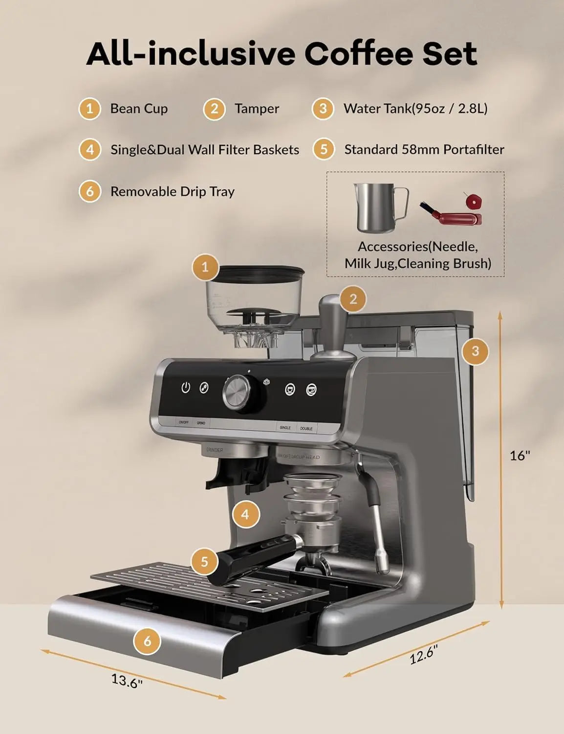 Acekool 20 Bar Semi Automatic Espresso Coffee Machine With Grinder