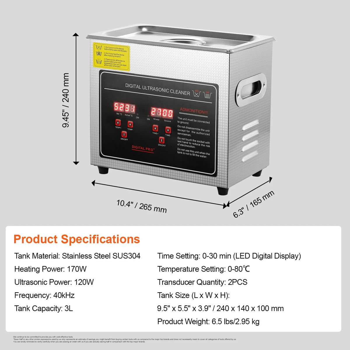 SucceBuy Stainless Steel Ultrasonic Cleaner Portable Home Appliance
