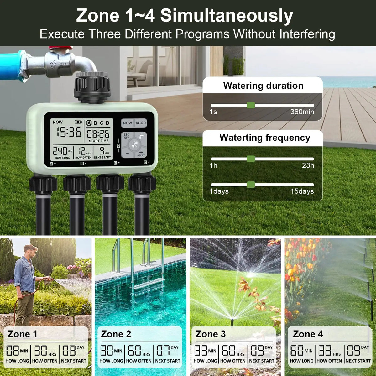 4 Zone Programmable Garden Watering Timer With Rain Delay And Auto Mode