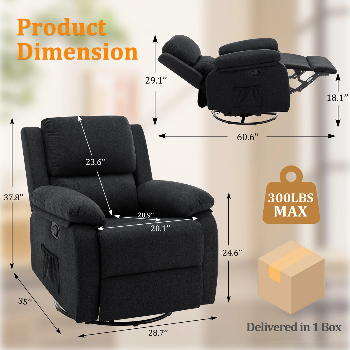 Korser Modern 360 Swivel Rocker Chair Upholstered Fabric Recliner