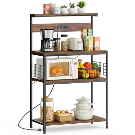 JHK Modern Kitchen Bakers Rack With Power Outlet Shelf