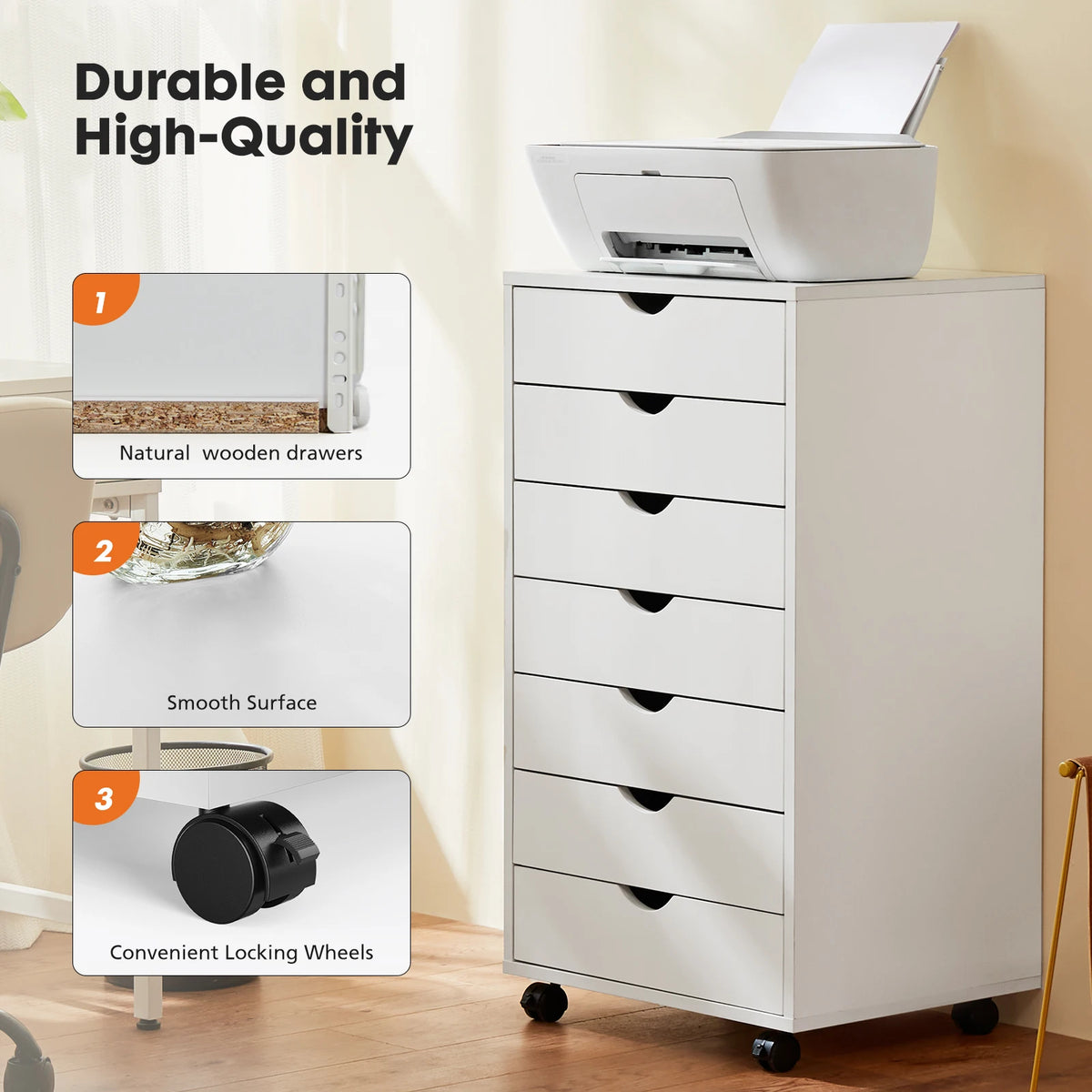 JHK 7 Drawer Wooden Rolling Storage Cabinet With Wheels